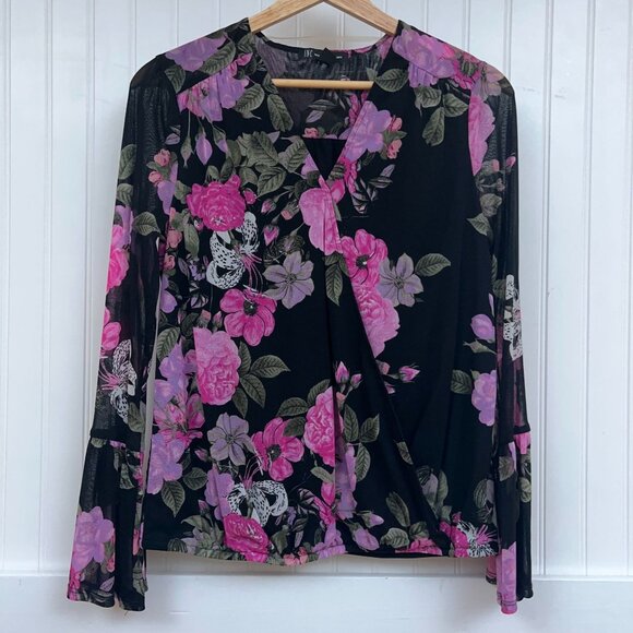 INC International Concepts Black Pink Floral Mesh Bell Sleeve Peasant Blouse Top - Picture 2 of 10